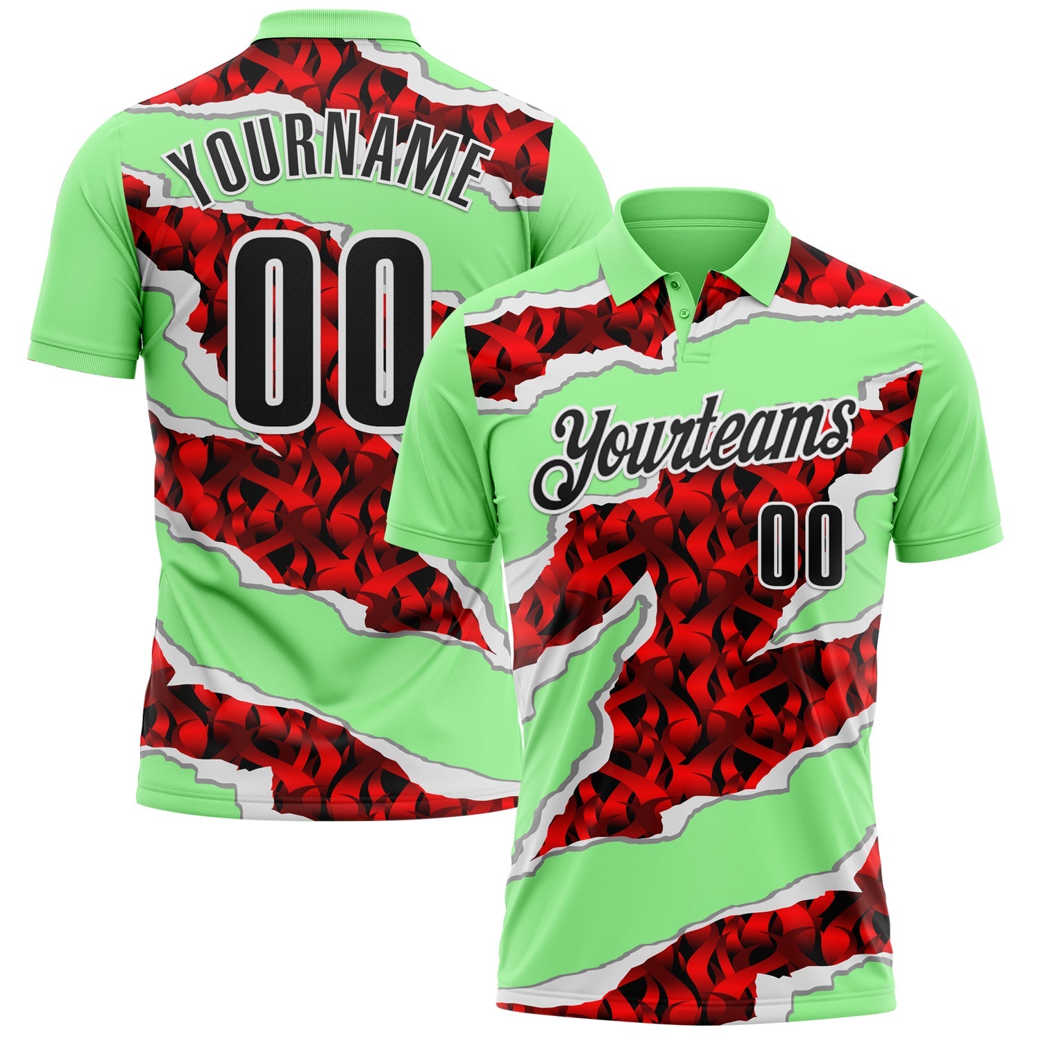 Custom Pea Green Black-Red 3D Bowling Torn Paper Style Performance Polo Shirt - Main View