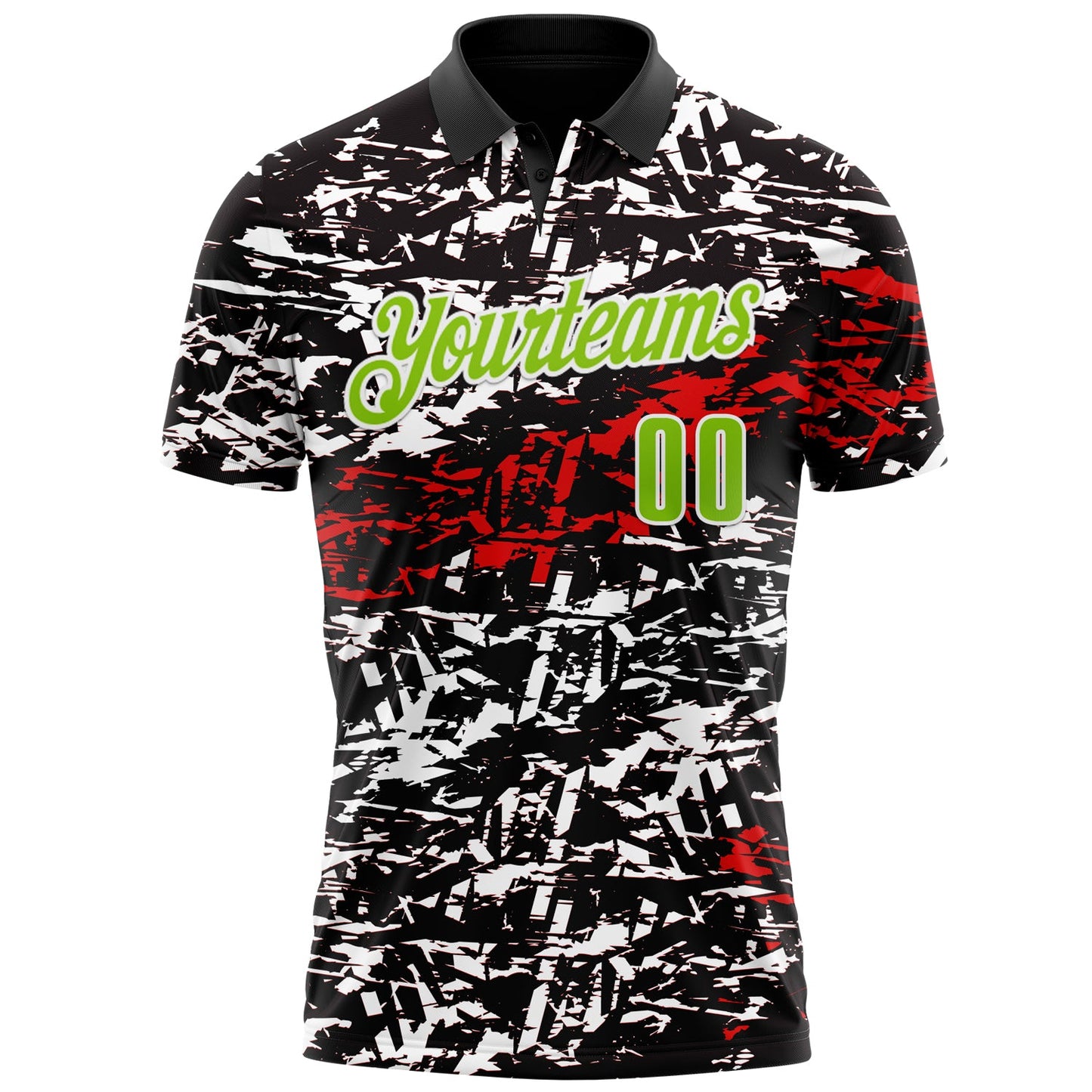 Custom Black Neon Green-Red 3D Bowling Abstract Grunge Art Performance Polo Shirt view 2