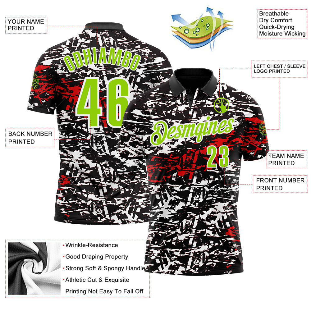 Custom Black Neon Green-Red 3D Bowling Abstract Grunge Art Performance Polo Shirt view 3