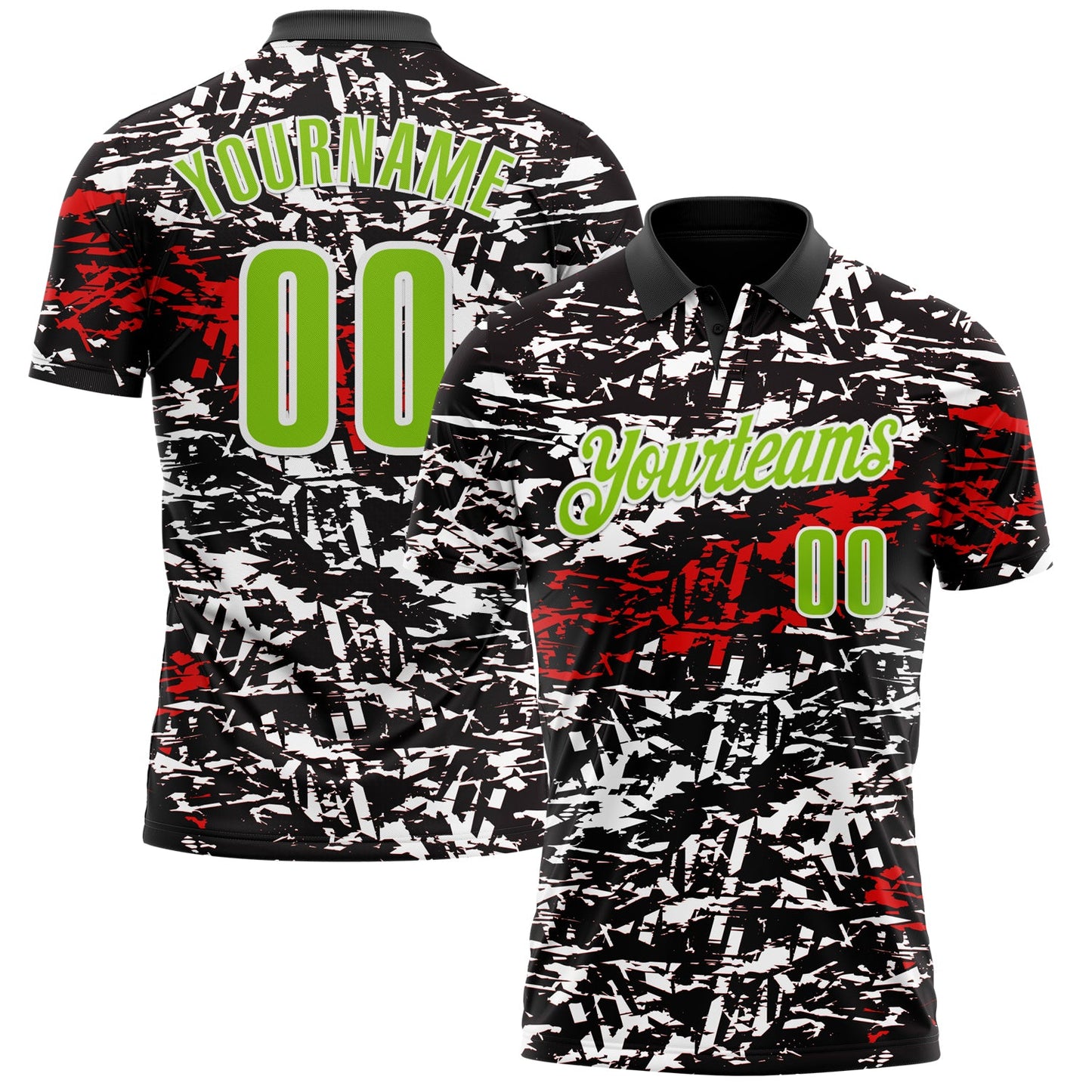 Custom Black Neon Green-Red 3D Bowling Abstract Grunge Art Performance Polo Shirt - Main View