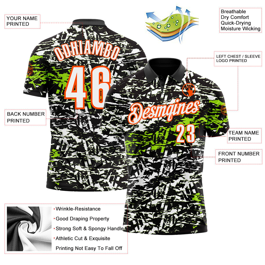Custom Black Neon Green-Orange 3D Bowling Abstract Grunge Art Performance Polo Shirt view 3