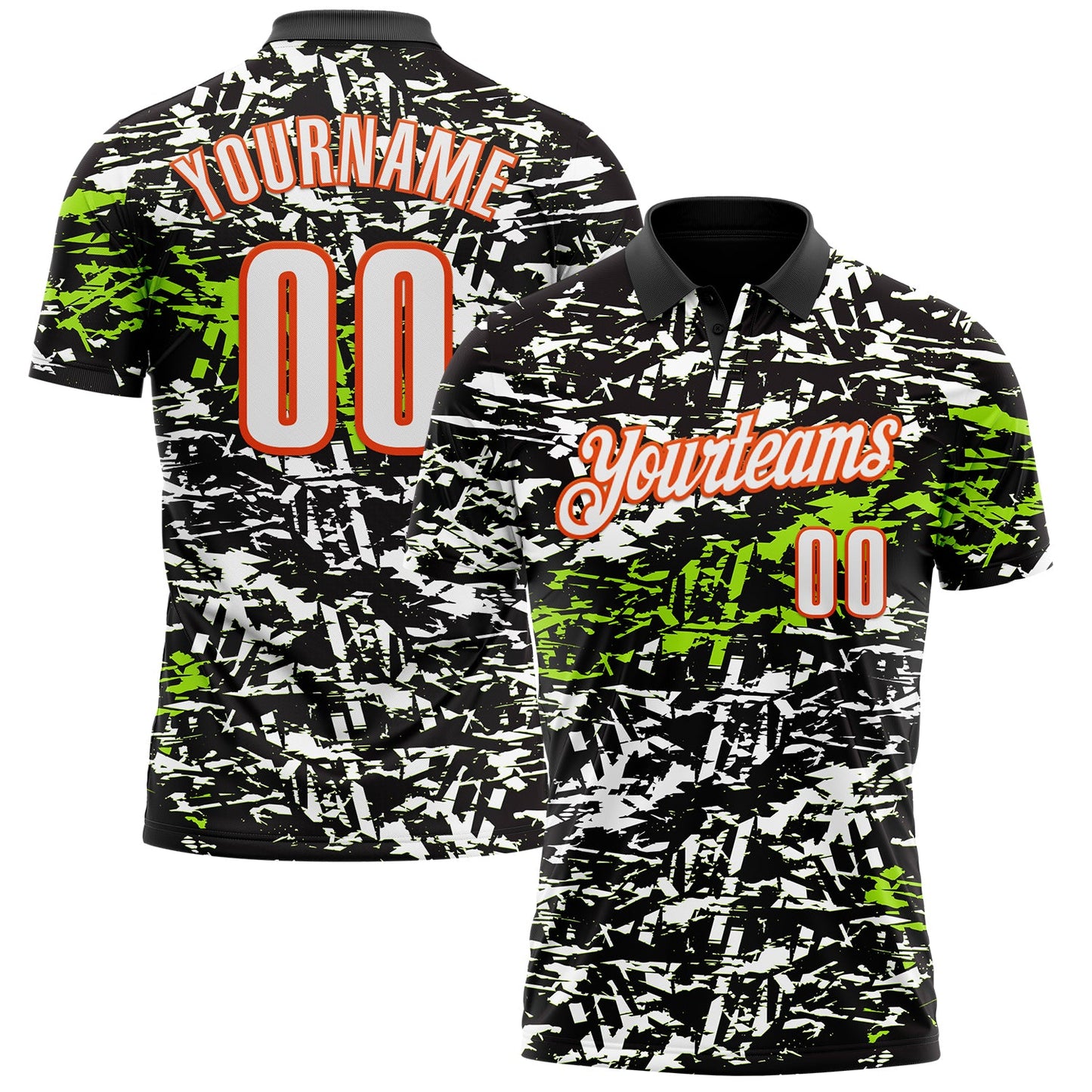 Custom Black Neon Green-Orange 3D Bowling Abstract Grunge Art Performance Polo Shirt - Main View