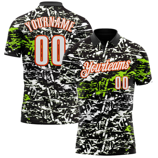 Custom Black Neon Green-Orange 3D Bowling Abstract Grunge Art Performance Polo Shirt - Main View