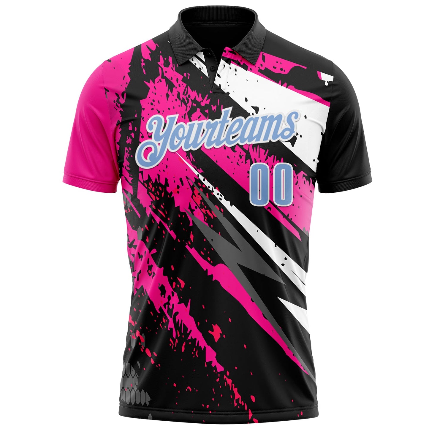 Custom Black Light Blue-Pink 3D Bowling Splash Ink Performance Polo Shirt view 2