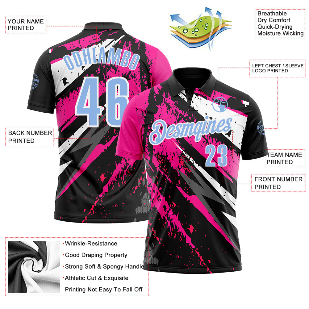 Custom Black Light Blue-Pink 3D Bowling Splash Ink Performance Polo Shirt view 3
