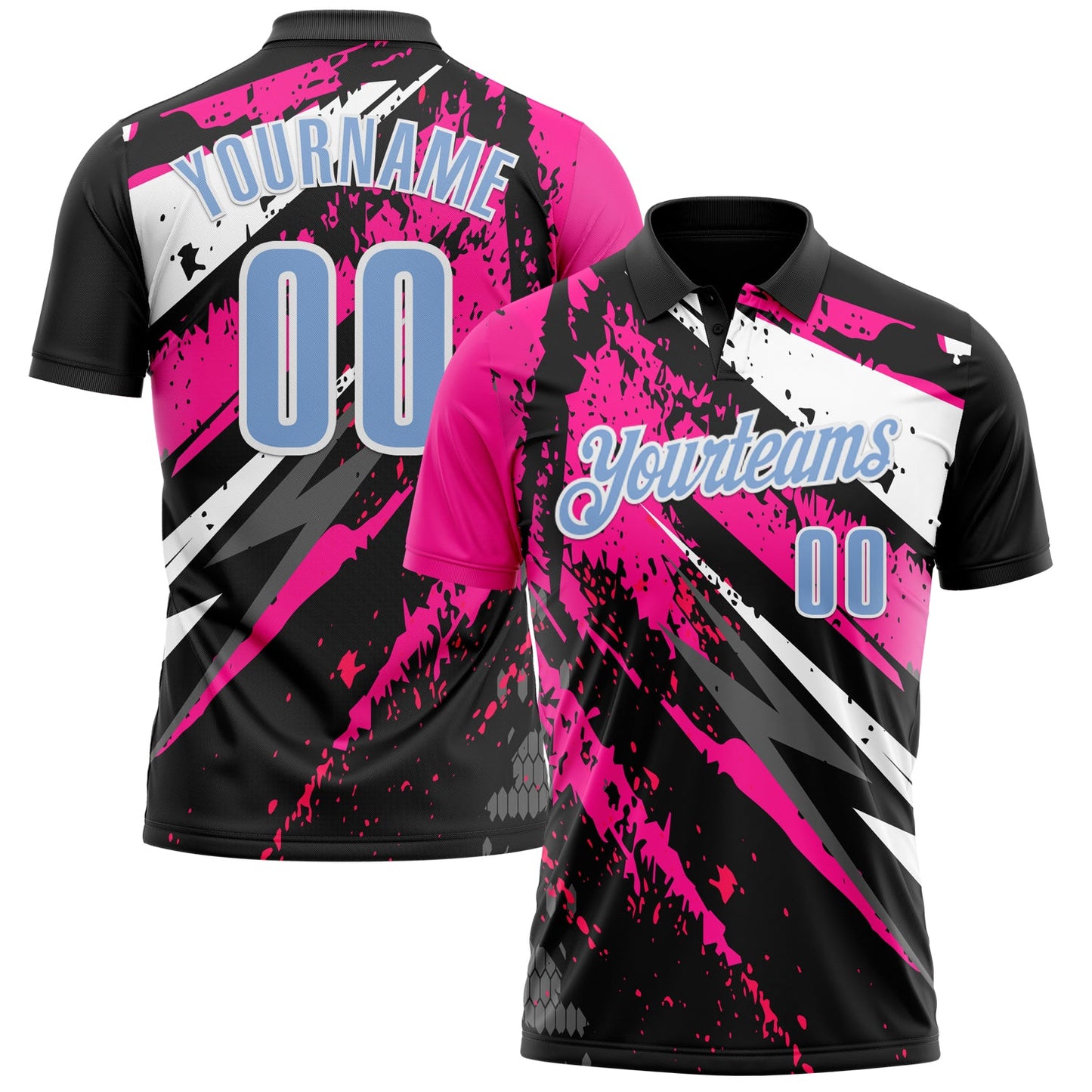 Custom Black Light Blue-Pink 3D Bowling Splash Ink Performance Polo Shirt - Main View