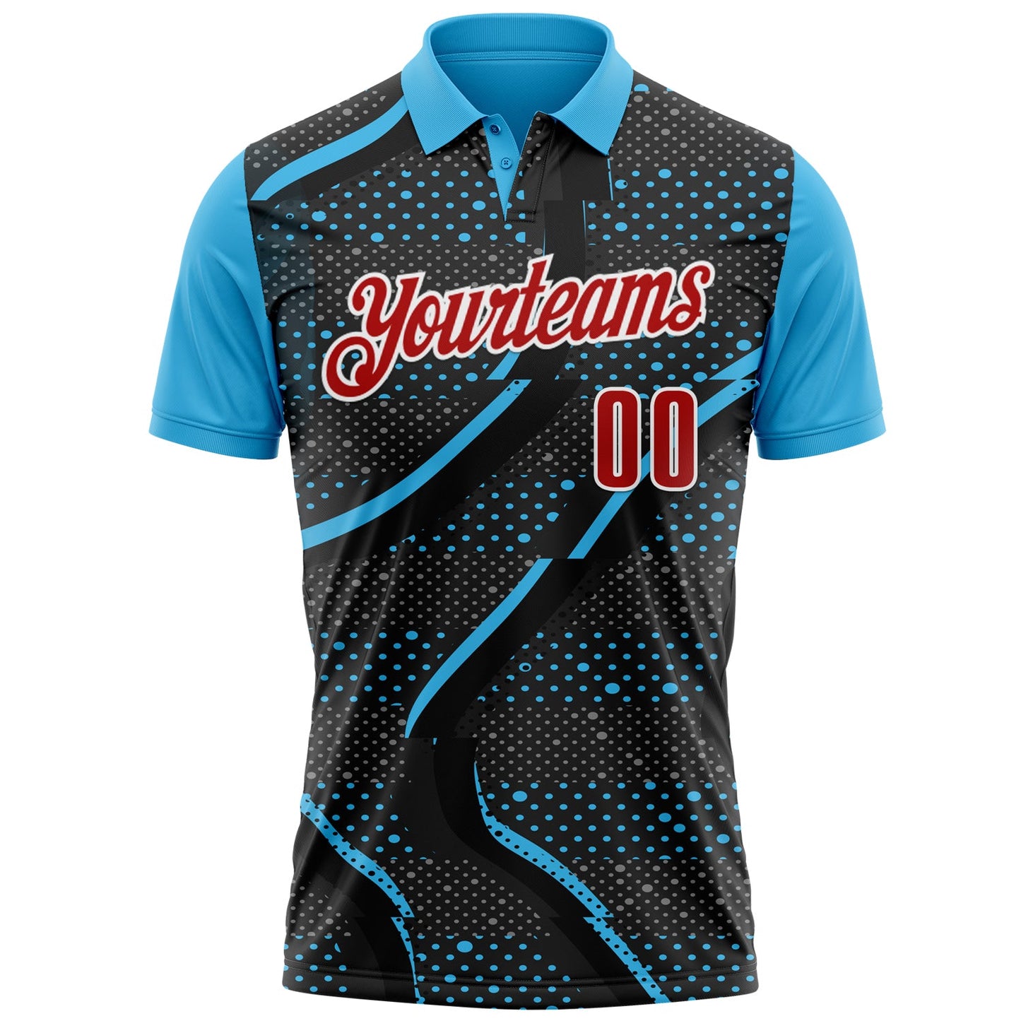 Custom Black Red-Sky Blue 3D Bowling Dot Performance Polo Shirt view 2