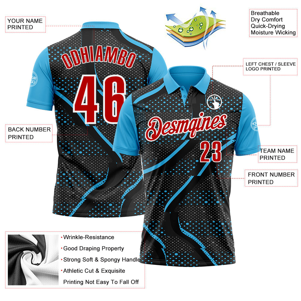 Custom Black Red-Sky Blue 3D Bowling Dot Performance Polo Shirt view 3