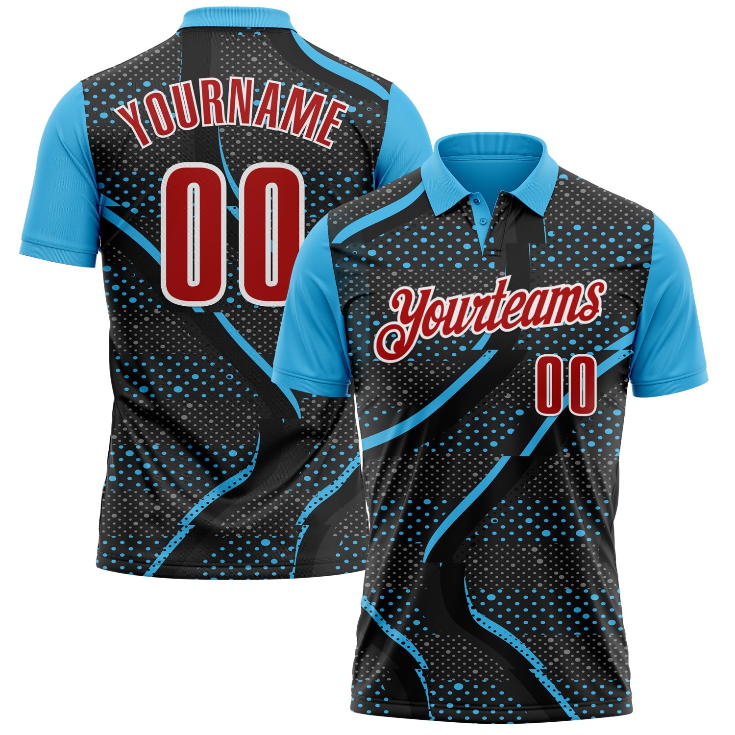 Custom Black Red-Sky Blue 3D Bowling Dot Performance Polo Shirt - Main View