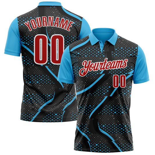 Custom Black Red-Sky Blue 3D Bowling Dot Performance Polo Shirt - Main View