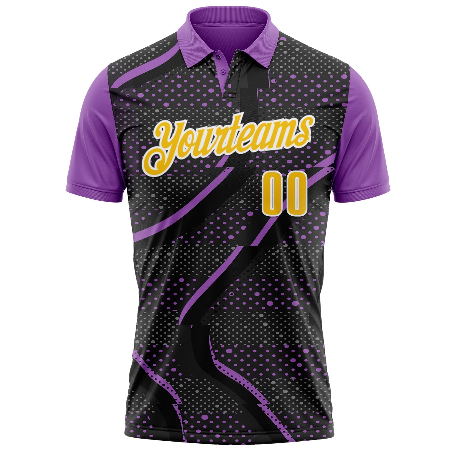 Custom Black Yellow-Medium Purple 3D Bowling Dot Performance Polo Shirt view 2