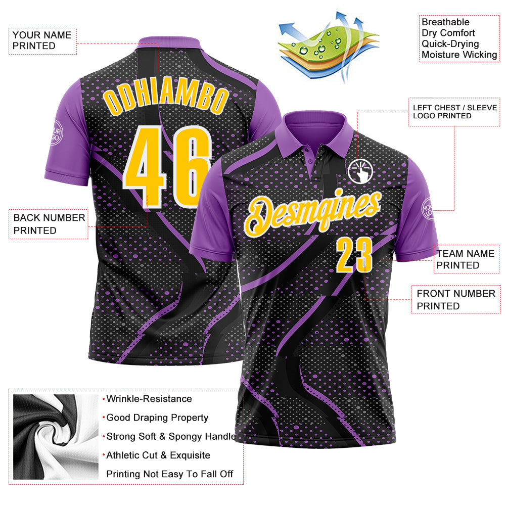 Custom Black Yellow-Medium Purple 3D Bowling Dot Performance Polo Shirt view 3