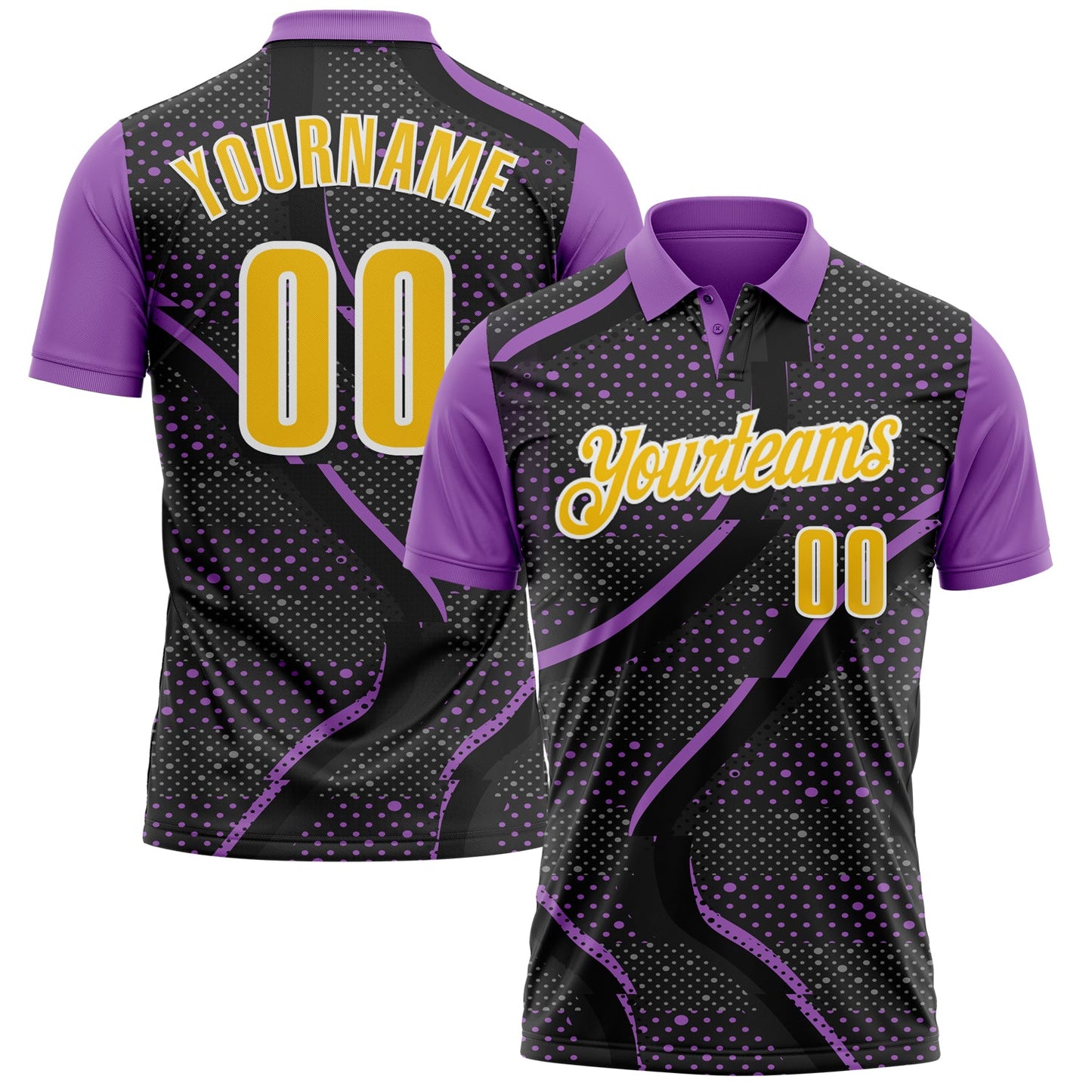Custom Black Yellow-Medium Purple 3D Bowling Dot Performance Polo Shirt - Main View
