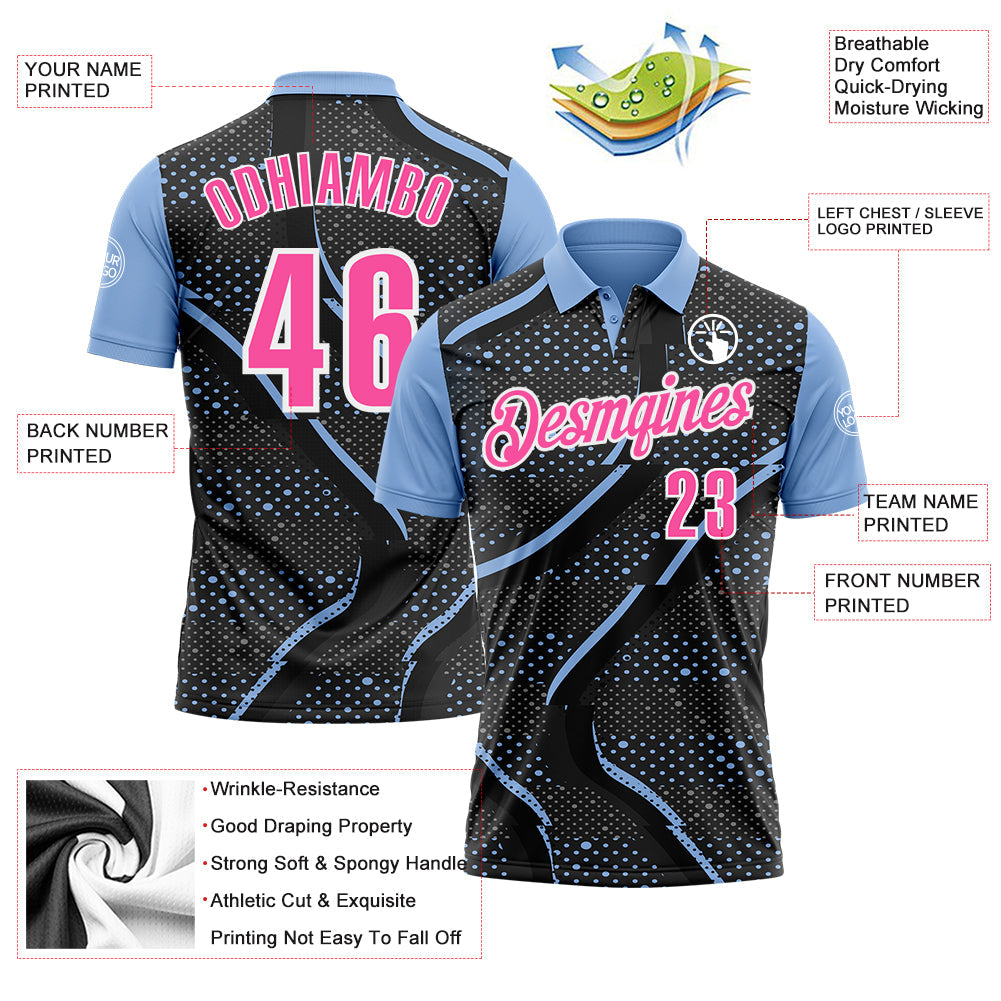 Custom Black Pink-Light Blue 3D Bowling Dot Performance Polo Shirt view 3