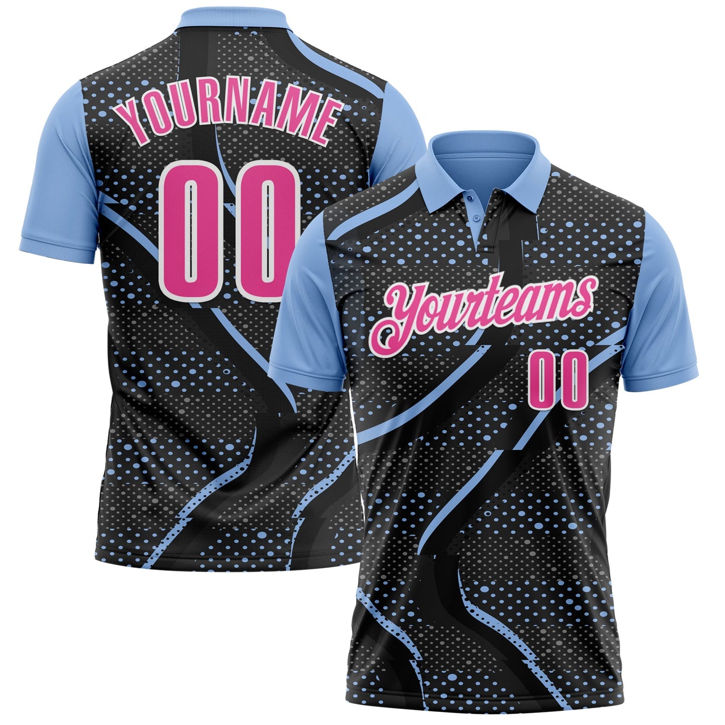 Custom Black Pink-Light Blue 3D Bowling Dot Performance Polo Shirt - Main View