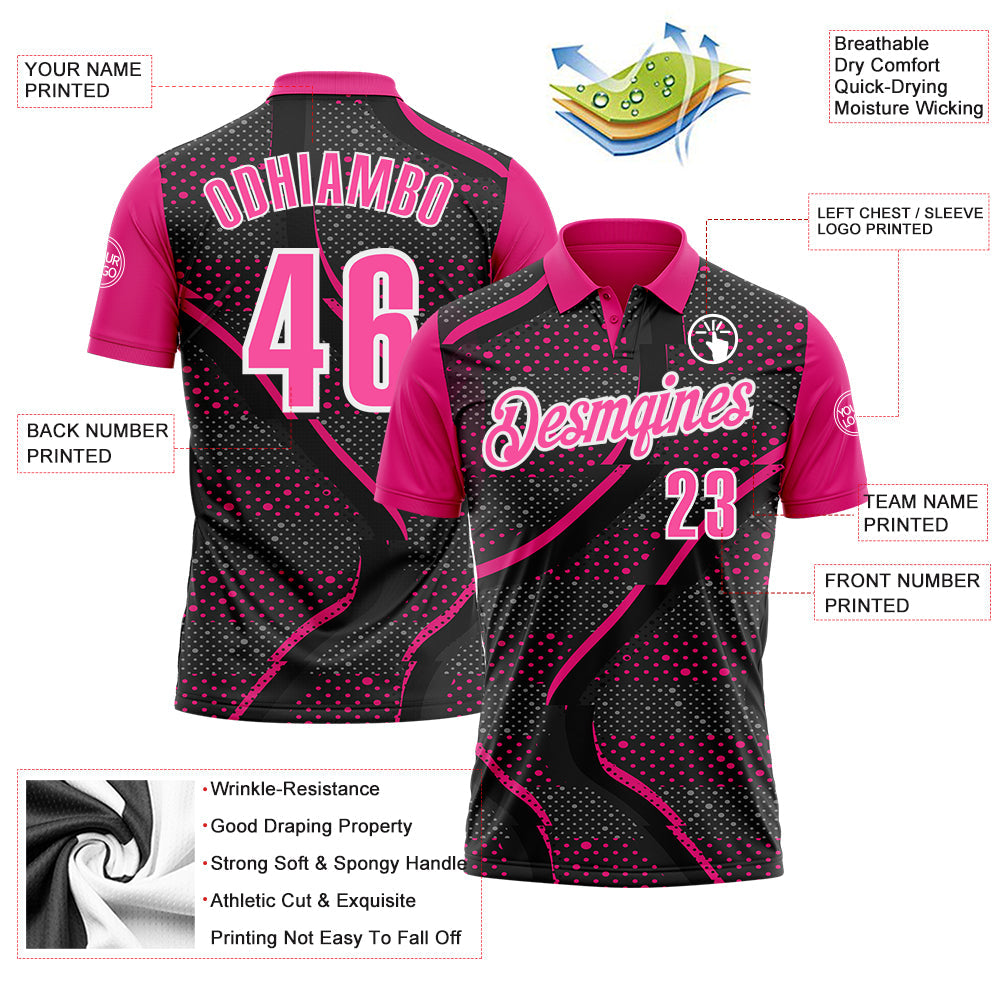 Custom Black Pink-Hot Pink 3D Bowling Dot Performance Polo Shirt view 3