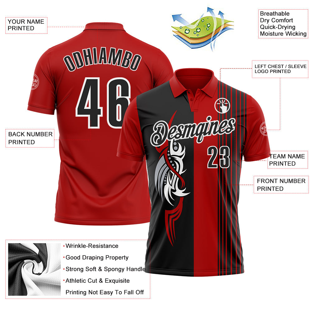 Custom Red Black-White 3D Bowling Tattoos Performance Polo Shirt view 3