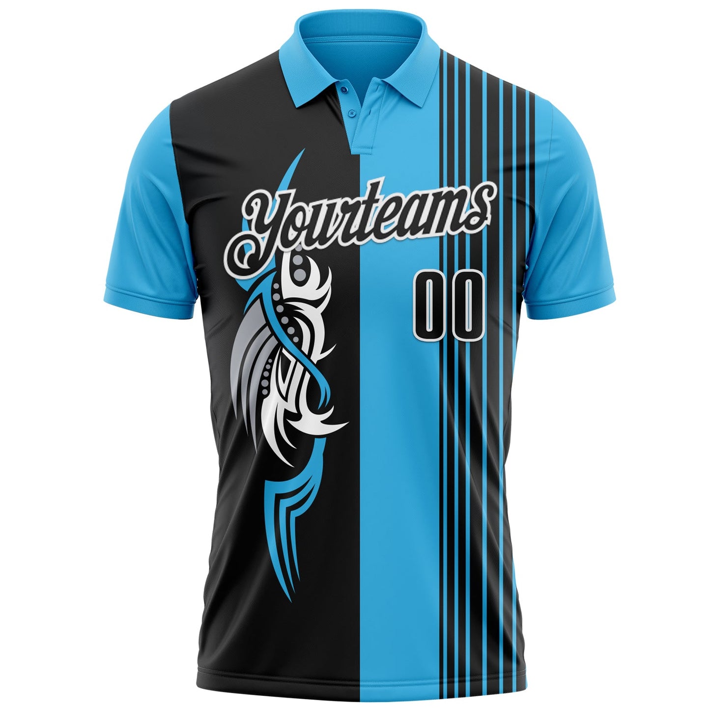 Custom Sky Blue Black-White 3D Bowling Tattoos Performance Polo Shirt view 2