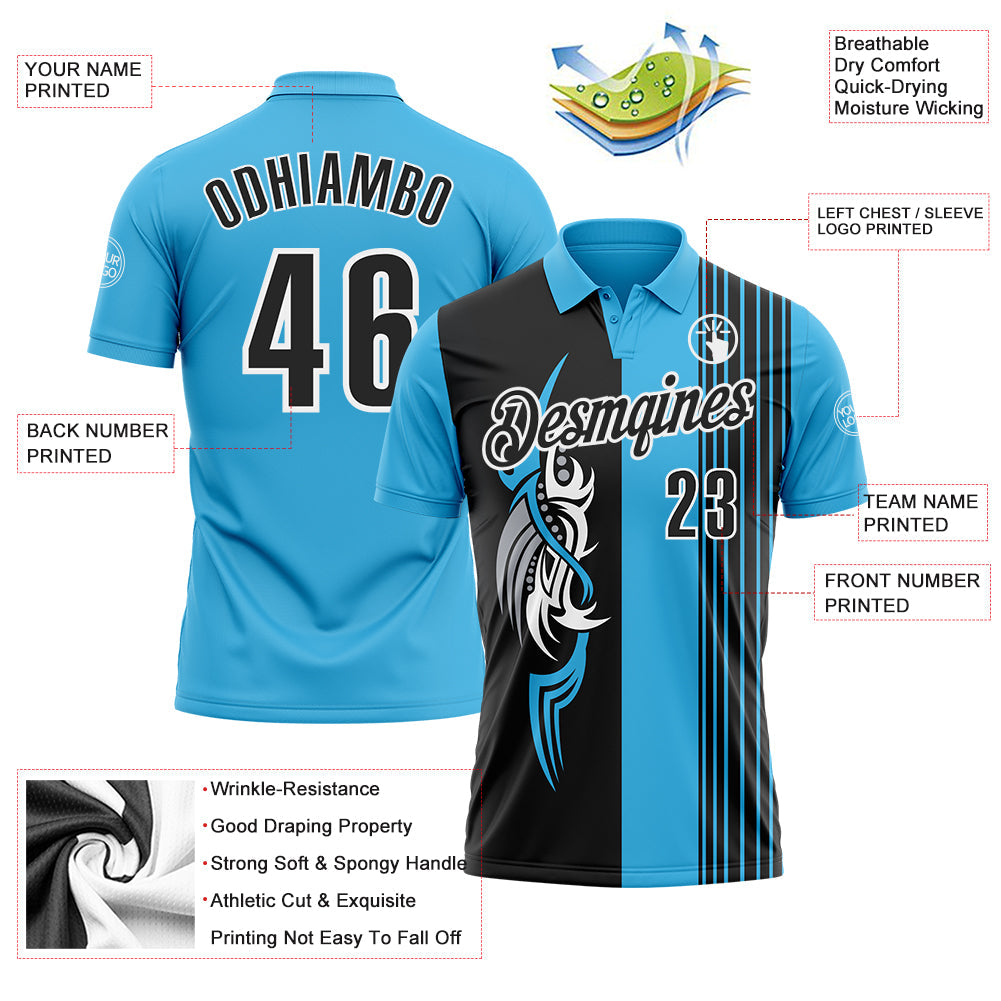 Custom Sky Blue Black-White 3D Bowling Tattoos Performance Polo Shirt view 3