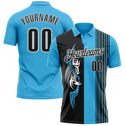 Custom Sky Blue Black-White 3D Bowling Tattoos Performance Polo Shirt - Main View