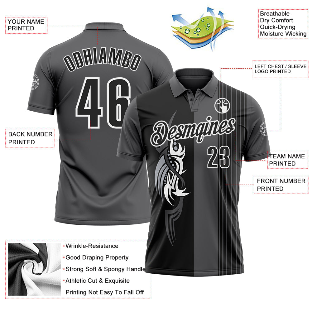 Custom Steel Gray Black-White 3D Bowling Tattoos Performance Polo Shirt view 3
