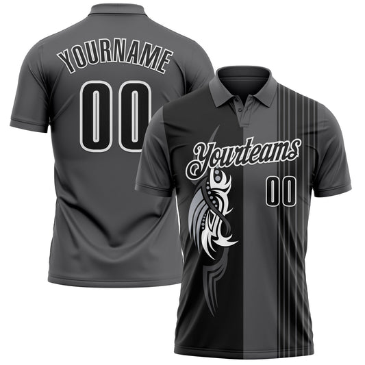 Custom Steel Gray Black-White 3D Bowling Tattoos Performance Polo Shirt - Main View