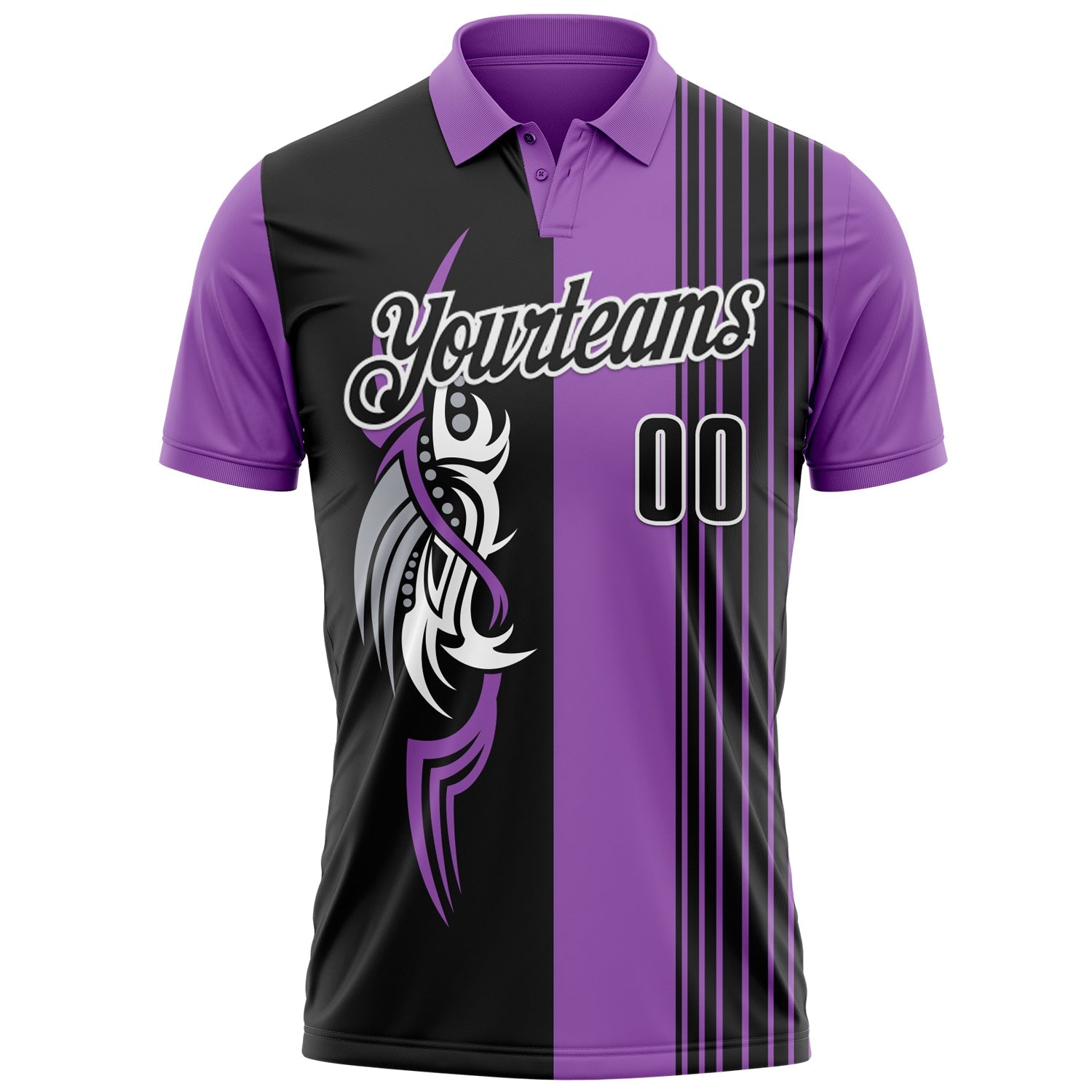 Custom Medium Purple Black-White 3D Bowling Tattoos Performance Polo Shirt view 2