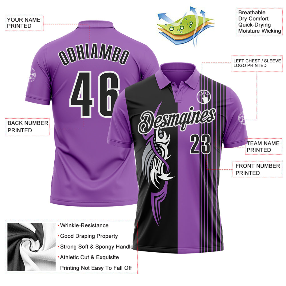 Custom Medium Purple Black-White 3D Bowling Tattoos Performance Polo Shirt view 3