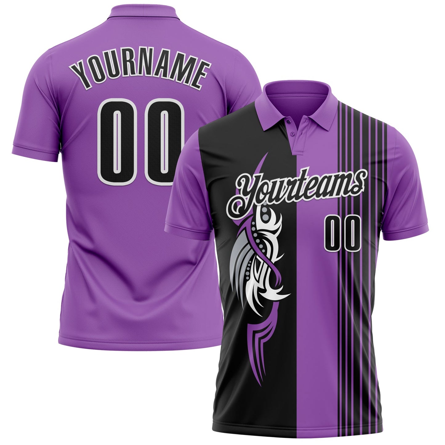 Custom Medium Purple Black-White 3D Bowling Tattoos Performance Polo Shirt - Main View
