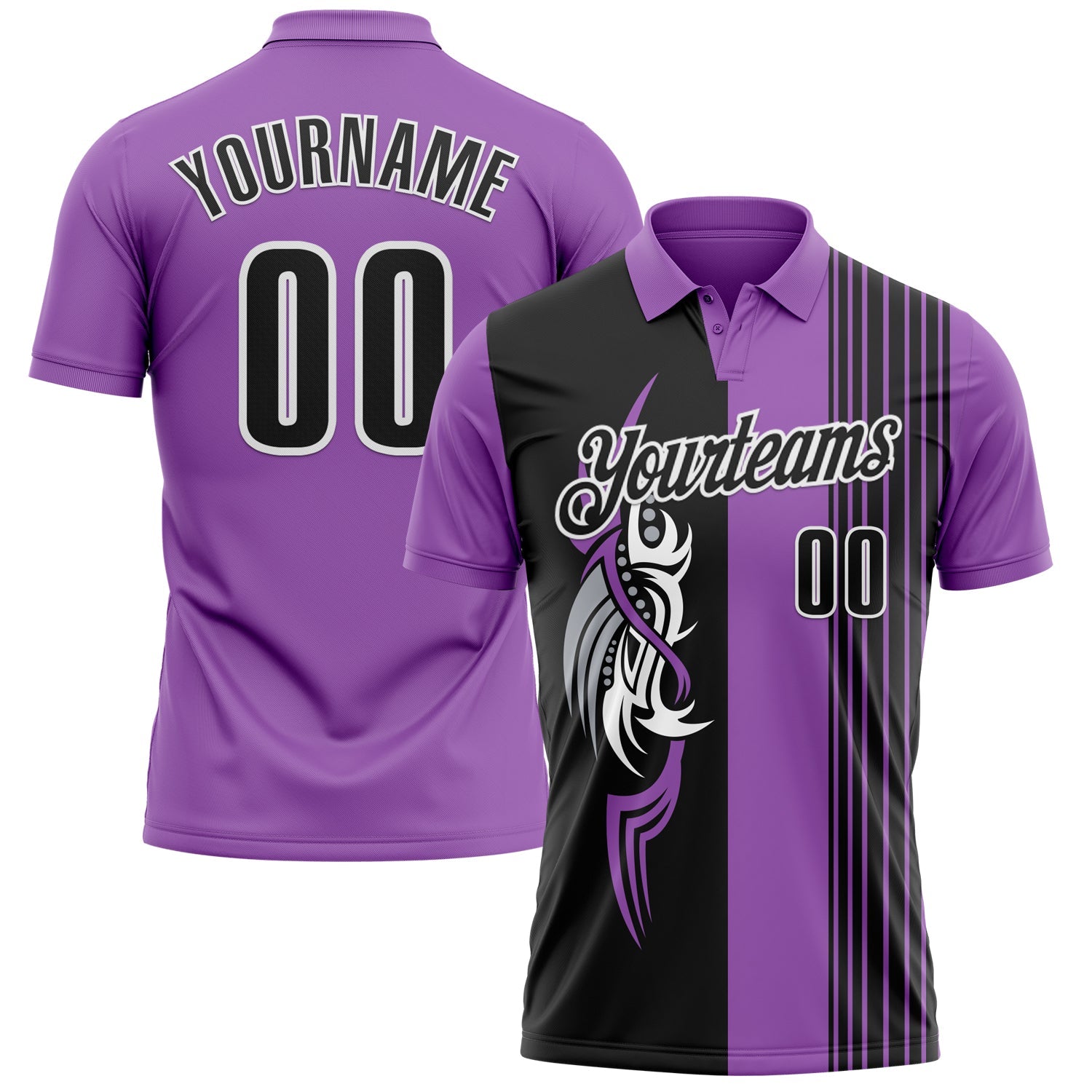 Custom Medium Purple Black-White 3D Bowling Tattoos Performance Polo Shirt - Main View