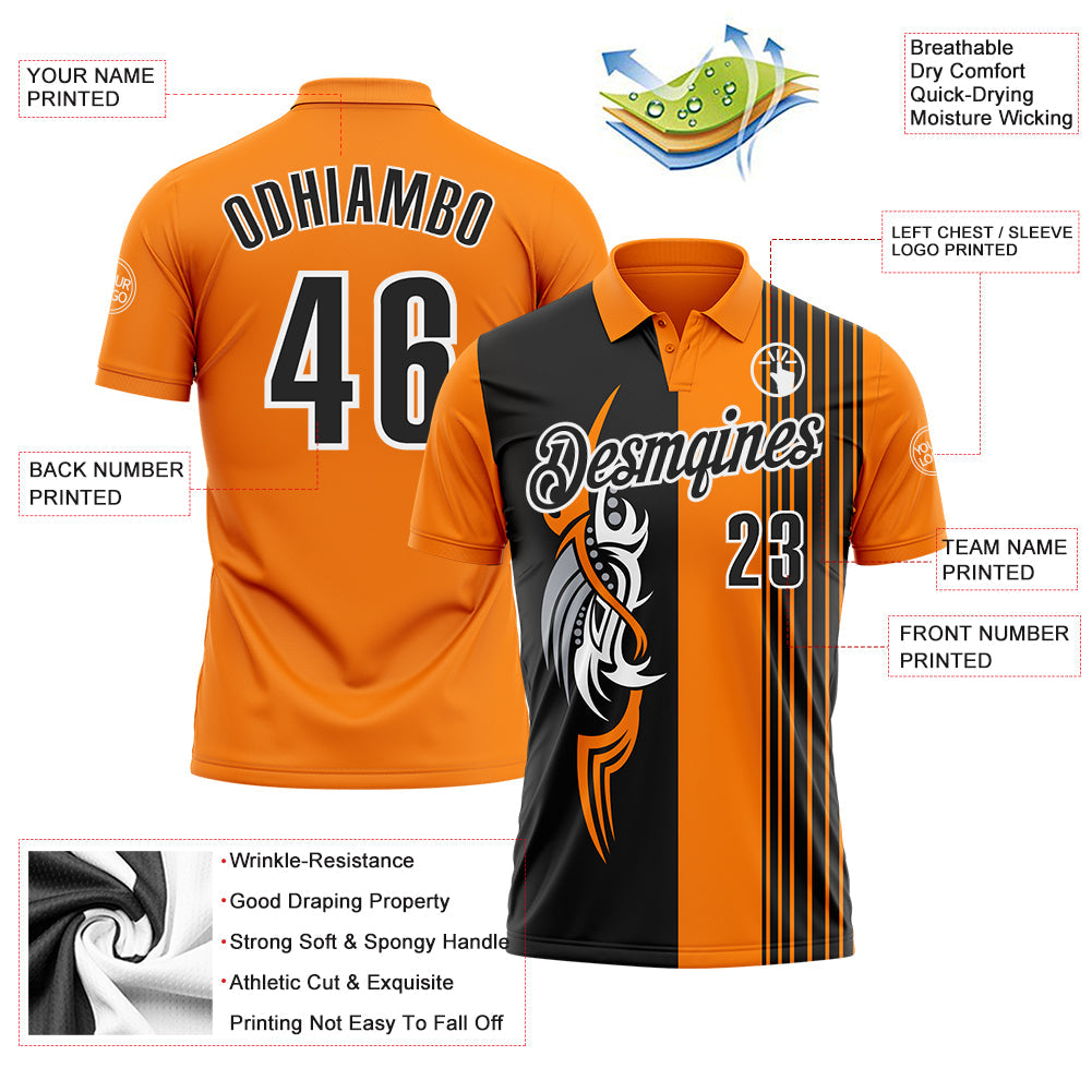 Custom Bay Orange Black-White 3D Bowling Tattoos Performance Polo Shirt view 3