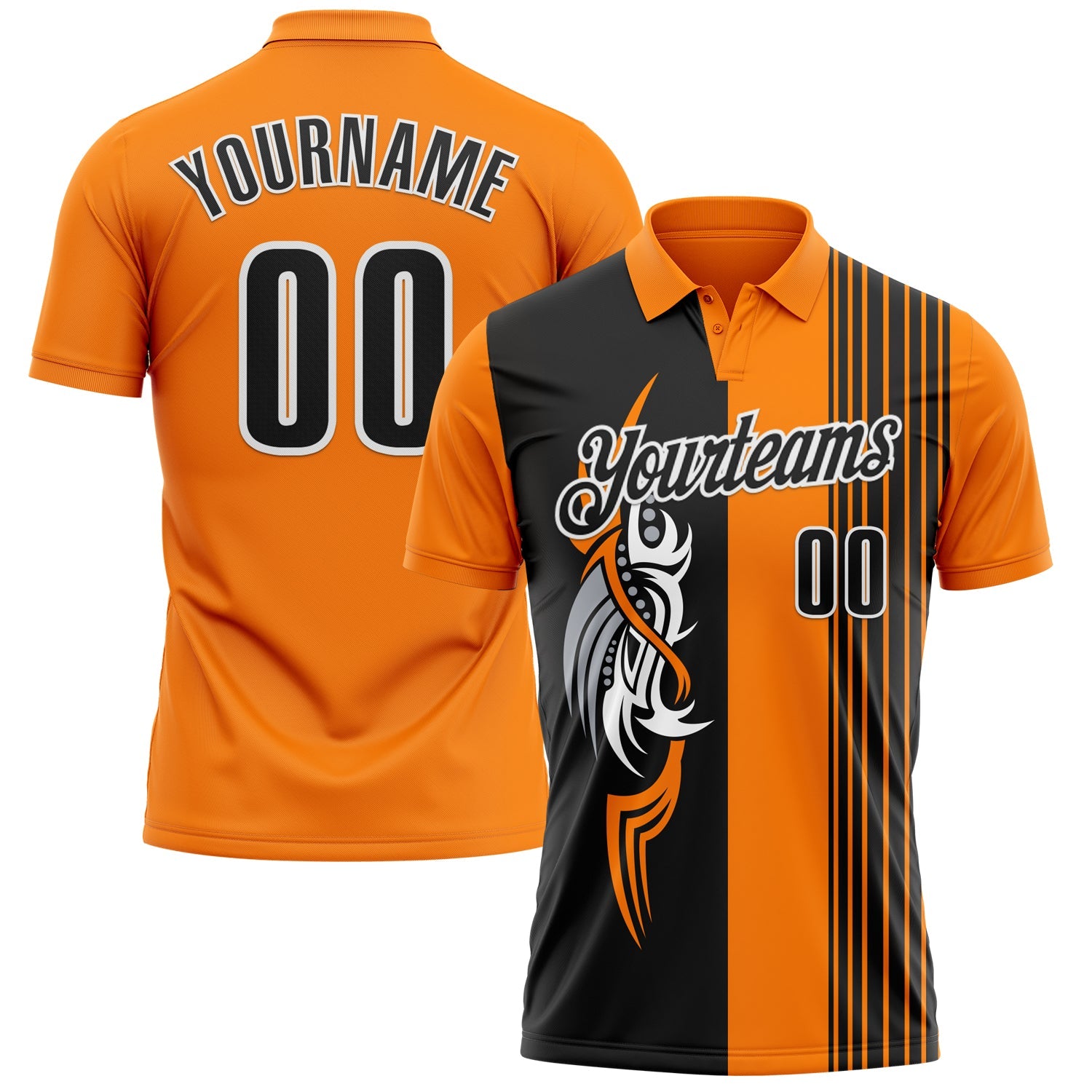 Custom Bay Orange Black-White 3D Bowling Tattoos Performance Polo Shirt - Main View