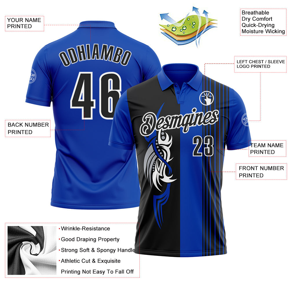 Custom Thunder Blue Black-White 3D Bowling Tattoos Performance Polo Shirt view 3