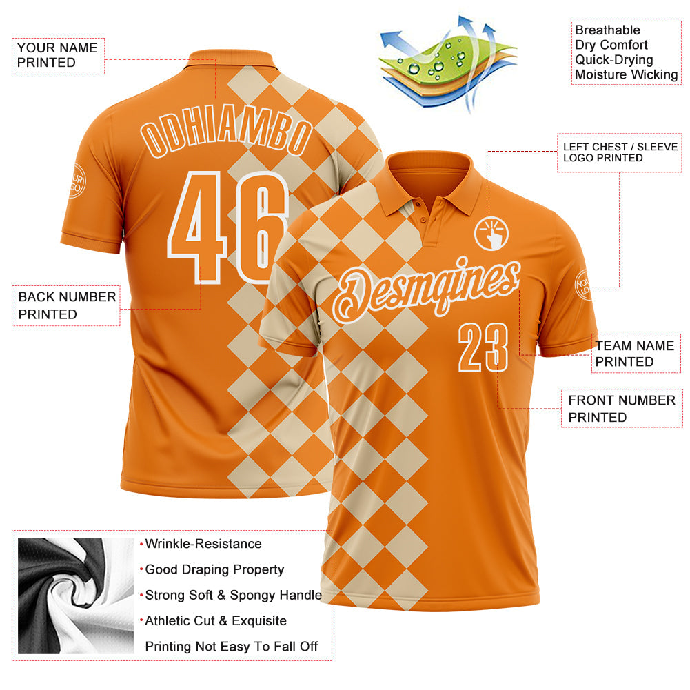 Custom Bay Orange City Cream-White 3D Bowling Geometric Square Shape Performance Polo Shirt view 3