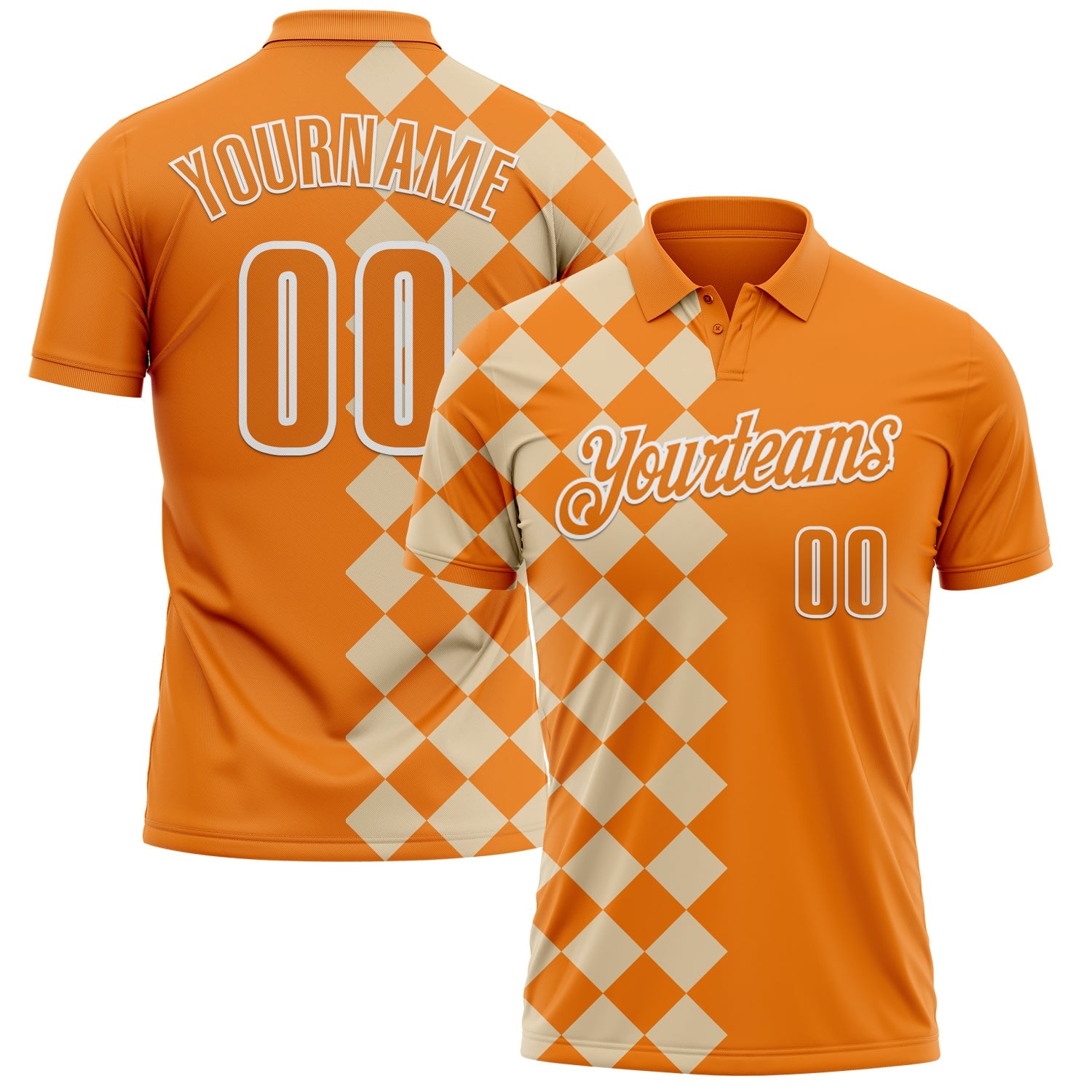 Custom Bay Orange City Cream-White 3D Bowling Geometric Square Shape Performance Polo Shirt - Main View