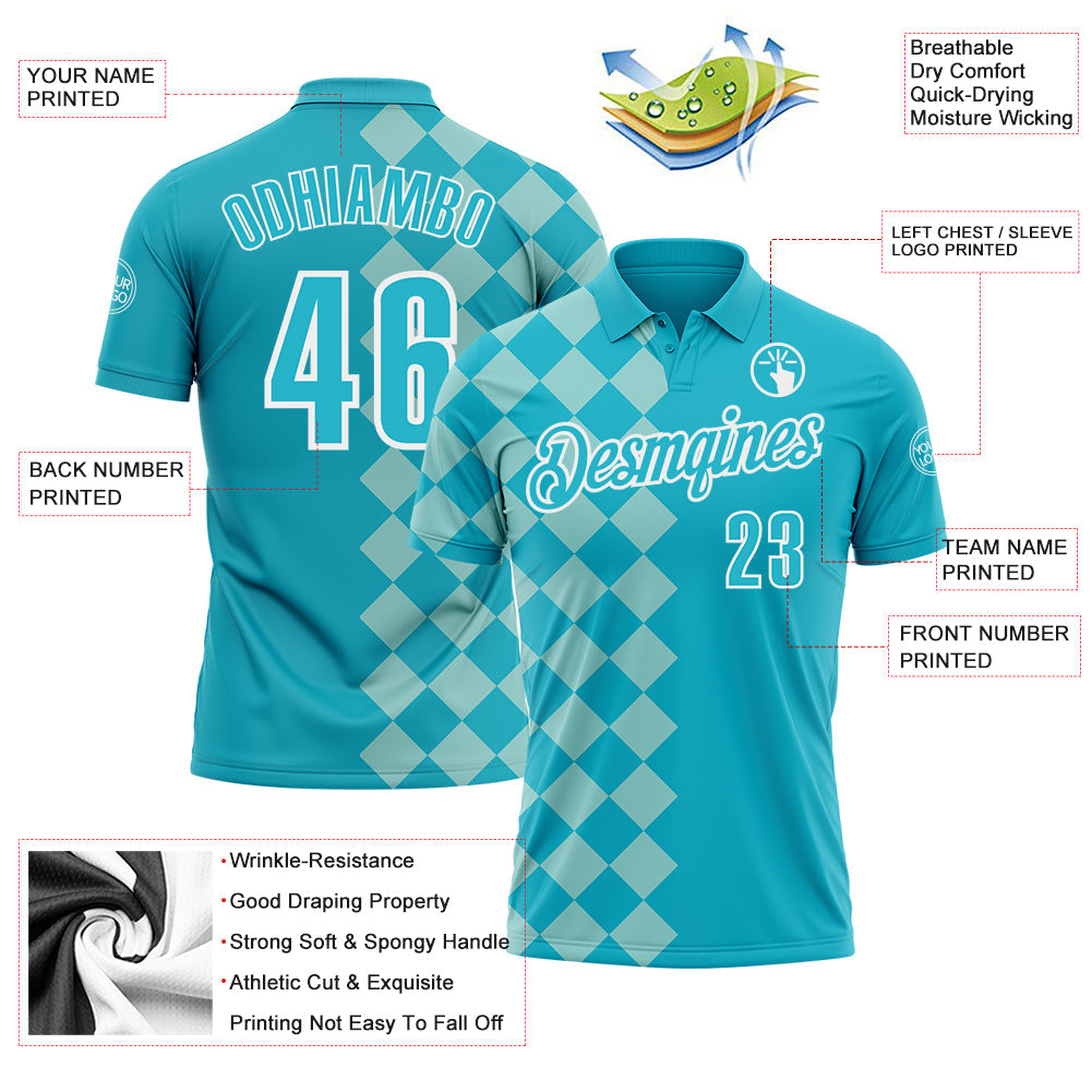 Custom Lakes Blue Ice Blue-White 3D Bowling Geometric Square Shape Performance Polo Shirt view 3