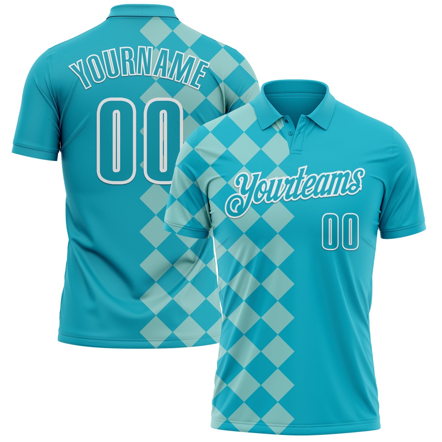 Custom Lakes Blue Ice Blue-White 3D Bowling Geometric Square Shape Performance Polo Shirt - Main View