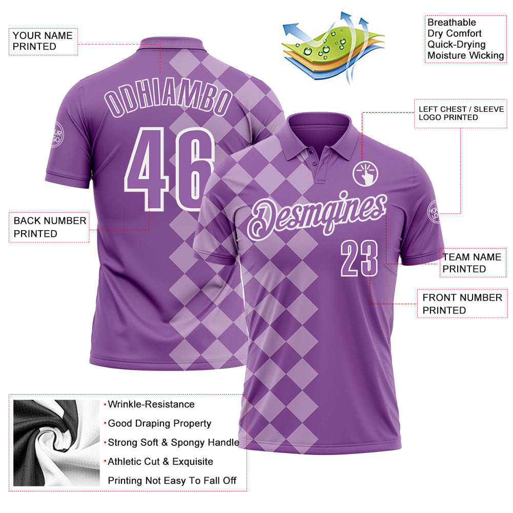 Custom Medium Purple Light Purple-White 3D Bowling Geometric Square Shape Performance Polo Shirt view 3