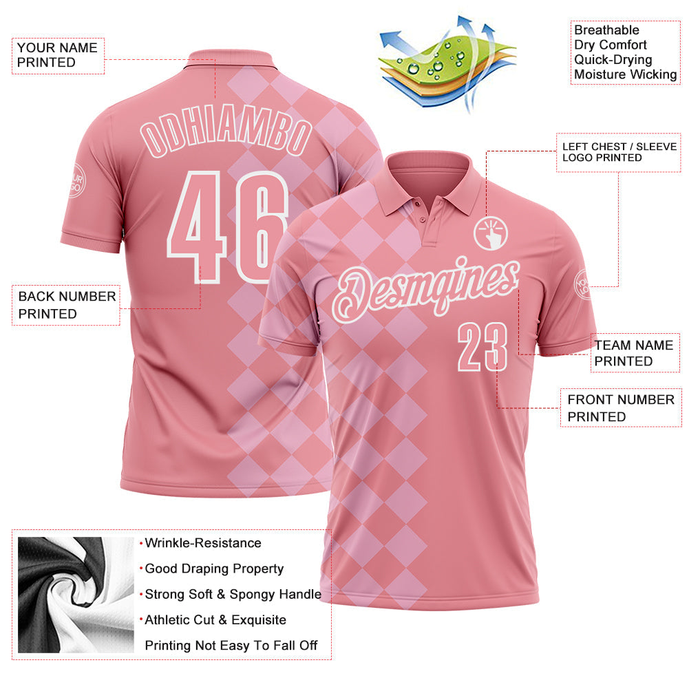 Custom Medium Pink Light Pink-White 3D Bowling Geometric Square Shape Performance Polo Shirt view 3
