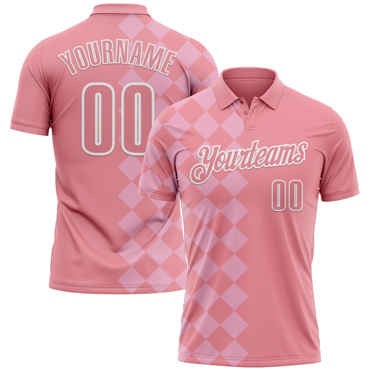 Custom Medium Pink Light Pink-White 3D Bowling Geometric Square Shape Performance Polo Shirt - Main View