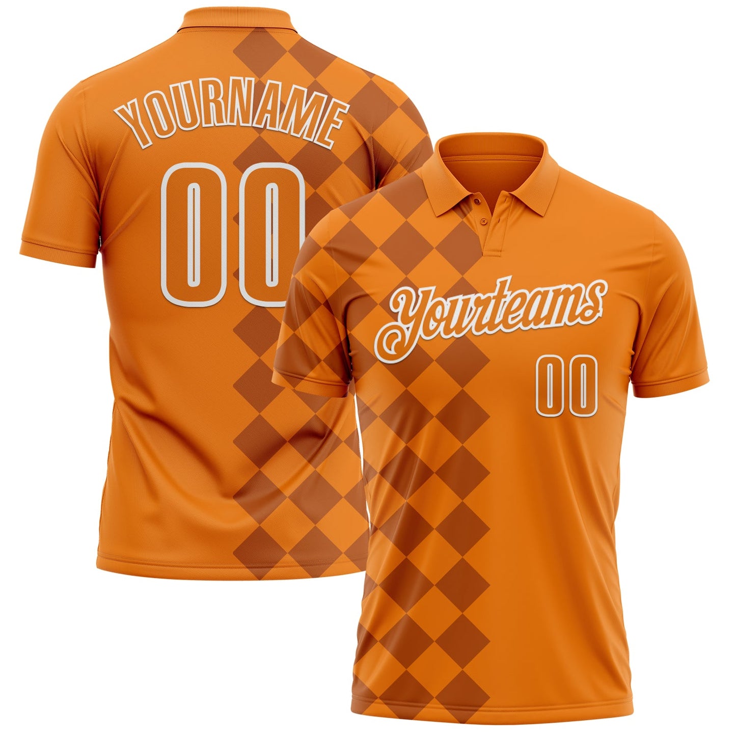 Custom Bay Orange Texas Orange-White 3D Bowling Geometric Square Shape Performance Polo Shirt - Main View