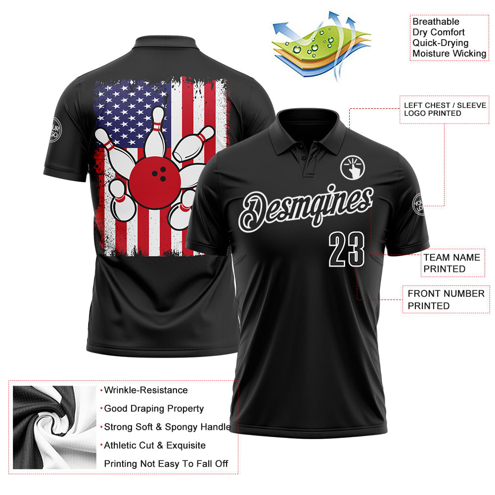Custom Black White 3D Bowling American Flag Performance Polo Shirt view 3