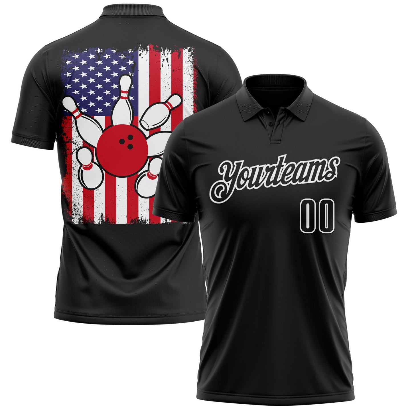 Custom Black White 3D Bowling American Flag Performance Polo Shirt - Main View