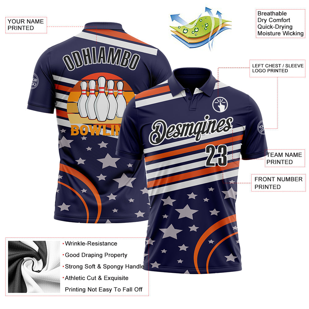 Custom Navy Black-White 3D Bowling Star Performance Polo Shirt view 3