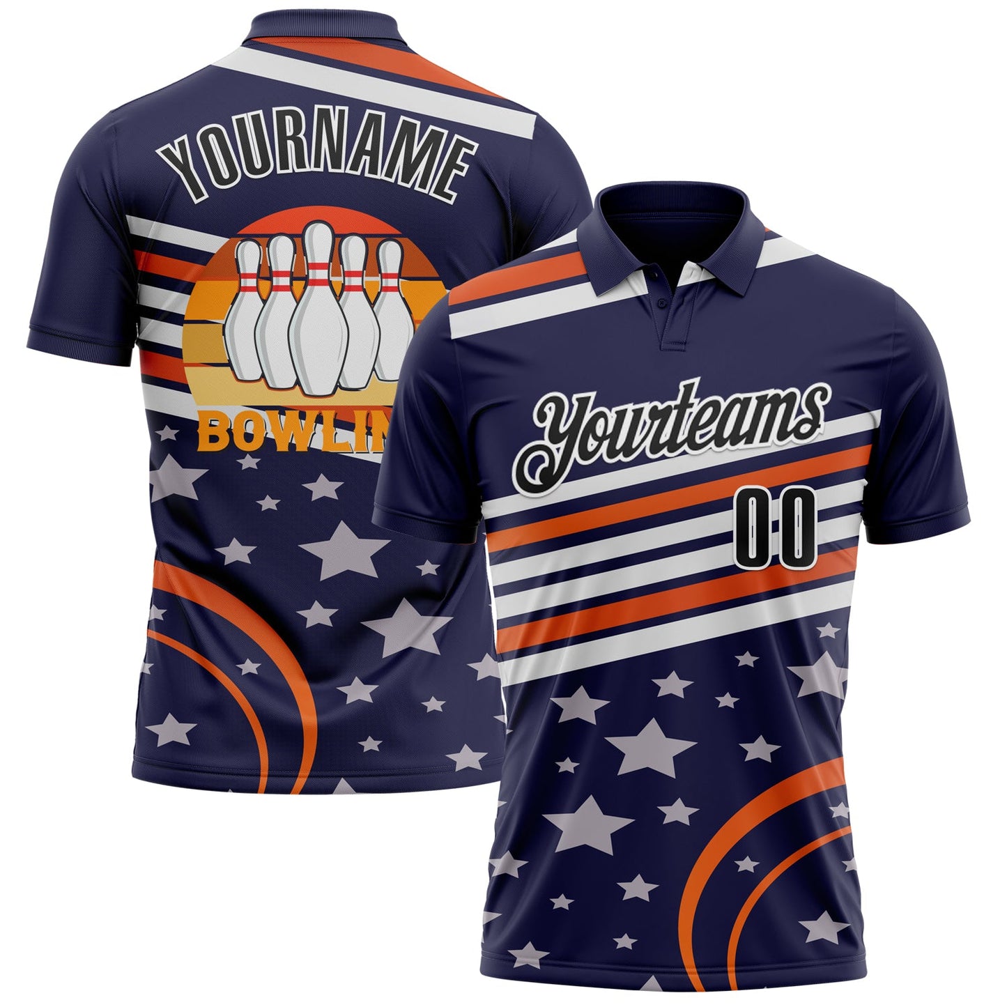 Custom Navy Black-White 3D Bowling Star Performance Polo Shirt - Main View