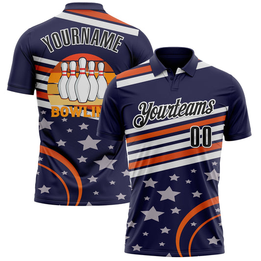 Custom Navy Black-White 3D Bowling Star Performance Polo Shirt - Main View
