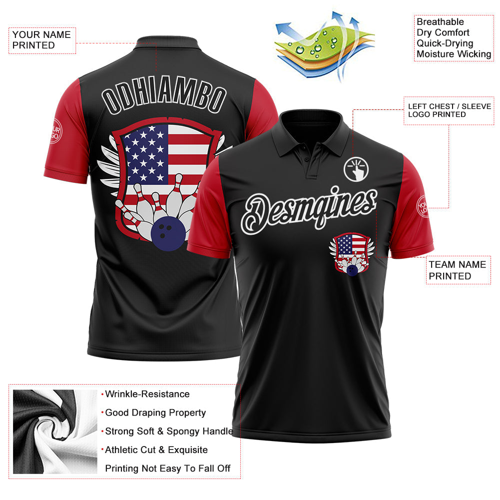 Custom Black White 3D Bowling American Flag Performance Polo Shirt view 3