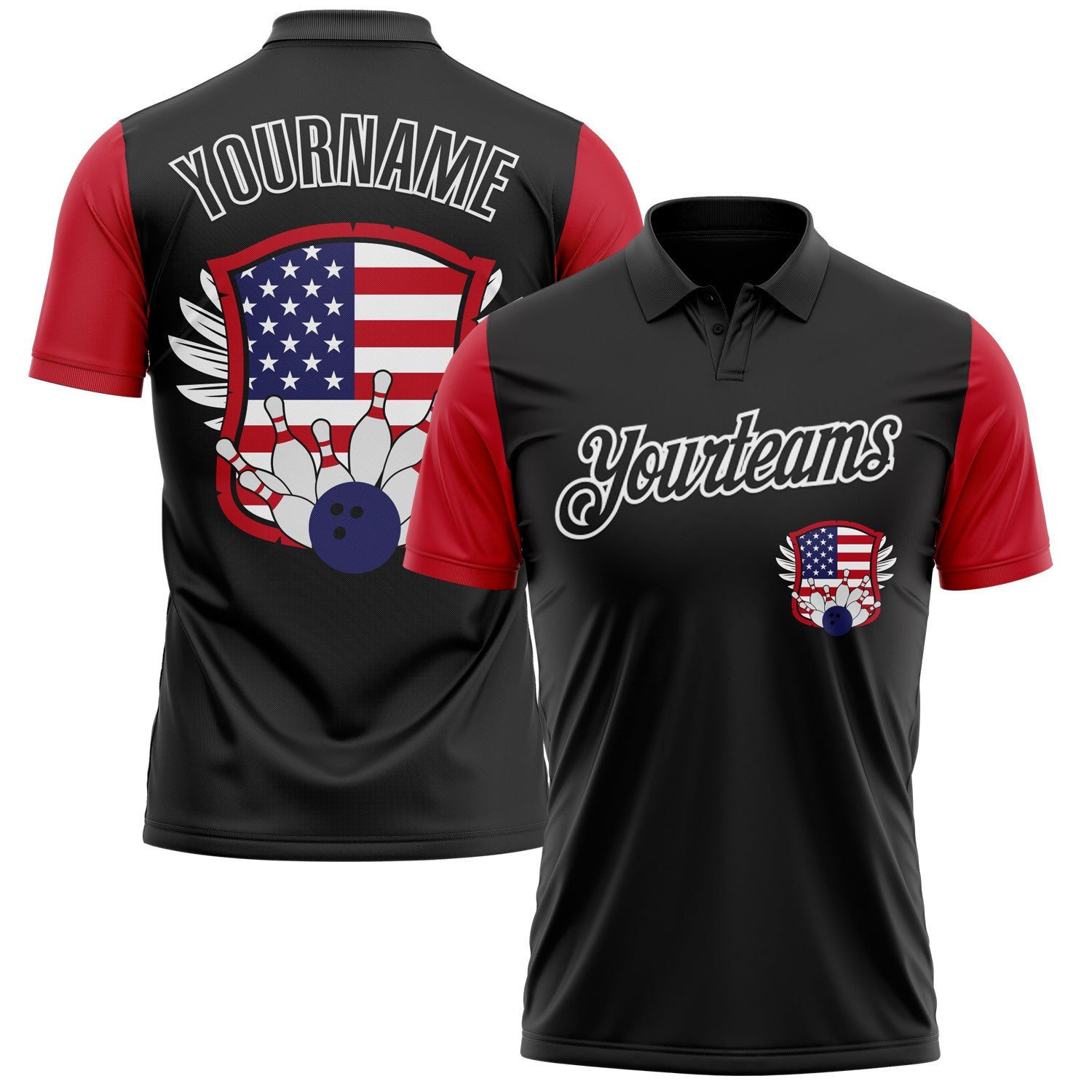 Custom Black White 3D Bowling American Flag Performance Polo Shirt - Main View