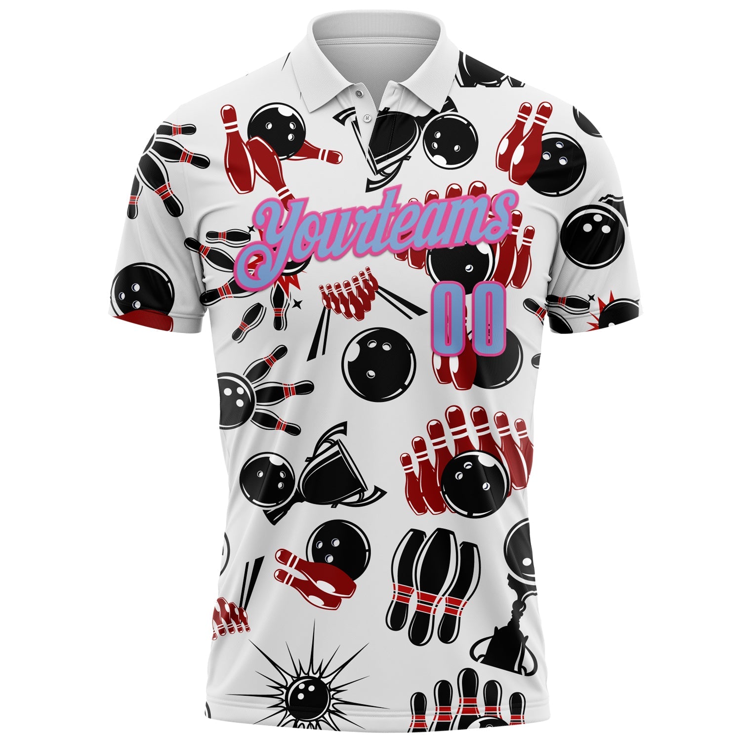 Custom White Light Blue-Pink 3D Bowling Performance Polo Shirt view 2