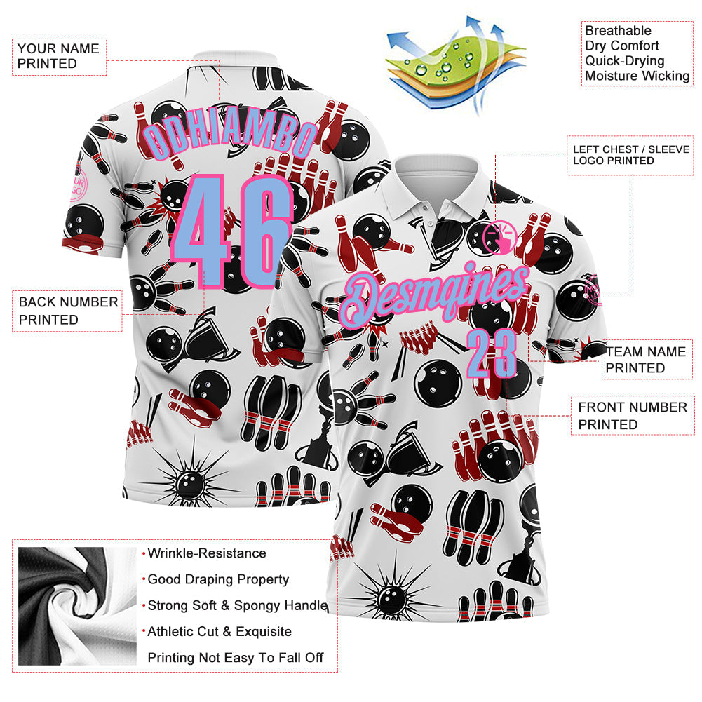 Custom White Light Blue-Pink 3D Bowling Performance Polo Shirt view 3